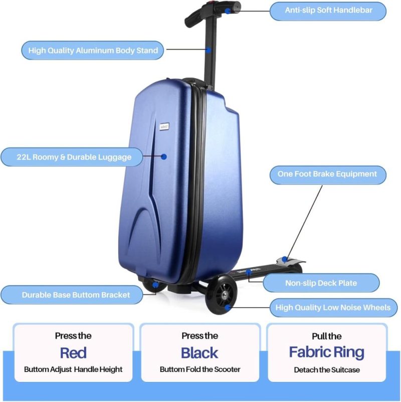 Kids’ Luggage | Scooter Luggage Carry On Scooter Suitcase For Kids Age 4-15, Detachable & Foldable 4 In 1 Kids Suitcase, Multifunctional Ride On Travel Trolley Scooter Combo-Blue Kids' Luggage Blue-Kids Version