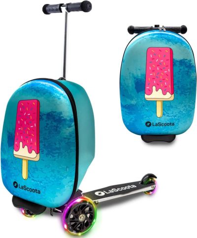 Kids’ Luggage | Scooter Suitcase, Foldable Scooter Luggage For Kids – Lightweight Kids Ride On Luggage Scooter With Wheels, Led Lights – Ice Cream Graphic Suitcase Scooter, Ride On Suitcase For Kids Ages 2-5 Kids' Luggage Ice Cream