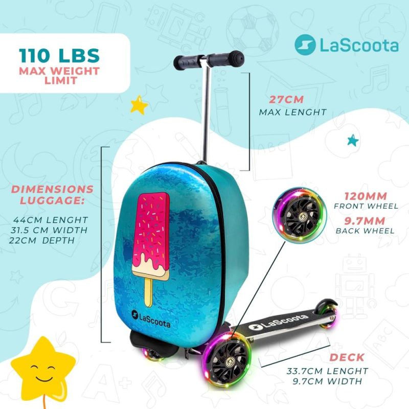 Kids’ Luggage | Scooter Suitcase, Foldable Scooter Luggage For Kids – Lightweight Kids Ride On Luggage Scooter With Wheels, Led Lights – Ice Cream Graphic Suitcase Scooter, Ride On Suitcase For Kids Ages 2-5 Kids' Luggage Ice Cream