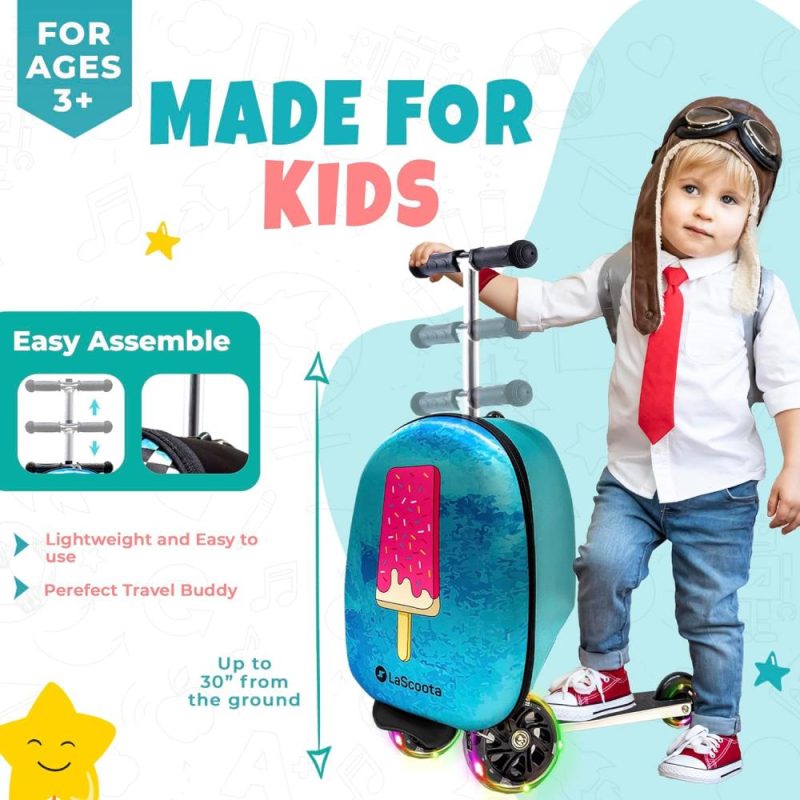 Kids’ Luggage | Scooter Suitcase, Foldable Scooter Luggage For Kids – Lightweight Kids Ride On Luggage Scooter With Wheels, Led Lights – Ice Cream Graphic Suitcase Scooter, Ride On Suitcase For Kids Ages 2-5 Kids' Luggage Ice Cream