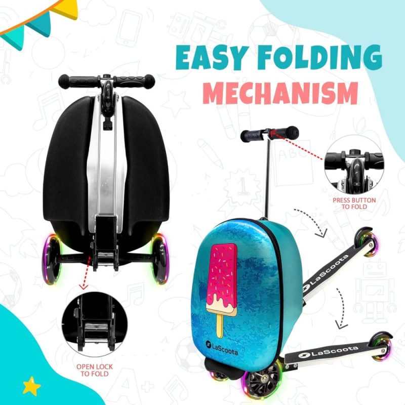 Kids’ Luggage | Scooter Suitcase, Foldable Scooter Luggage For Kids – Lightweight Kids Ride On Luggage Scooter With Wheels, Led Lights – Ice Cream Graphic Suitcase Scooter, Ride On Suitcase For Kids Ages 2-5 Kids' Luggage Ice Cream