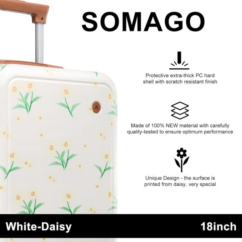 Kids’ Luggage | Somago Kids Luggage 18 Inch Carry On Childrens Travel Suitcase Hard Sided Polycarbonate Lightweight With Rolling Spinner Wheels Ykk Zipper Tsa Lock For Boys Girls (Daisy White) Kids' Luggage Daisy White