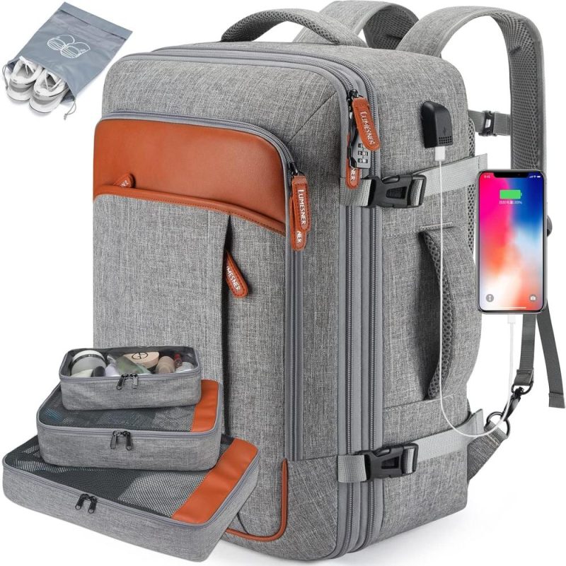 Laptop Backpacks | Carry On Backpack, Extra Large 40L Flight Approved Travel Backpack For Men & Women,Expandable Large Suitcase Backpacks With 4 Packing Cubes,Water Resistant Luggage Daypack Weekender Bag,Grey Backpacks Grey