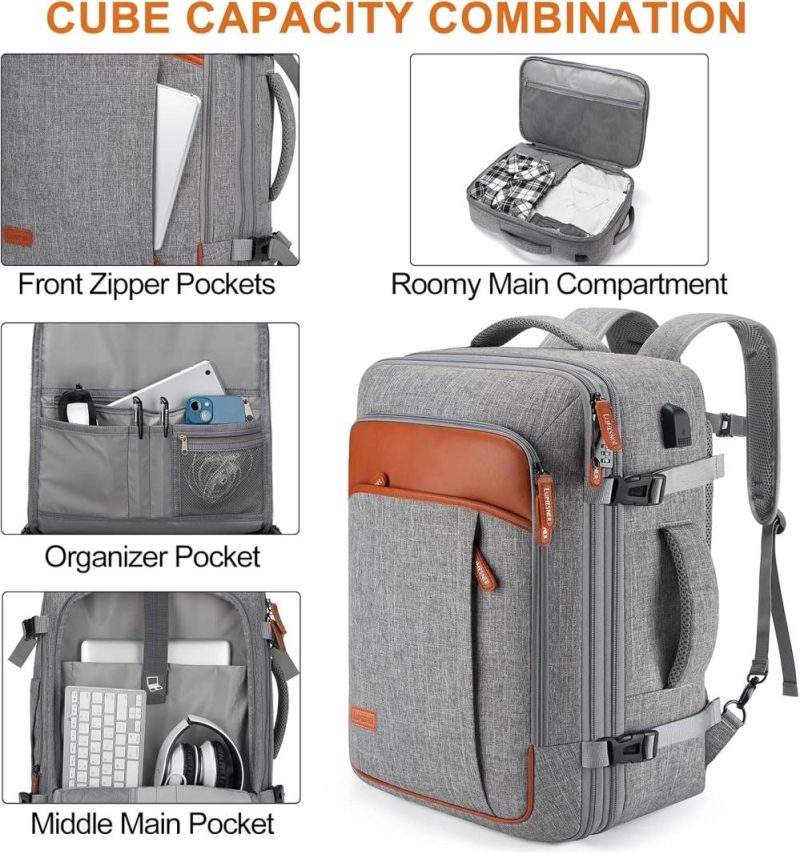 Laptop Backpacks | Carry On Backpack, Extra Large 40L Flight Approved Travel Backpack For Men & Women,Expandable Large Suitcase Backpacks With 4 Packing Cubes,Water Resistant Luggage Daypack Weekender Bag,Grey Backpacks Grey