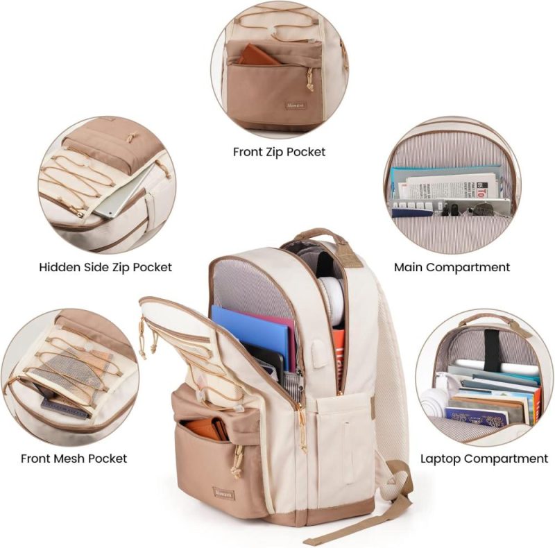 Laptop Backpacks | Classic Backpack For Women, Lightweight High School Bookbag For Teens Girls, Waterproof 15.6 Inch Laptop Bag With Usb Charging Port For College Work Travel Trip Backpacks Beige Khaki