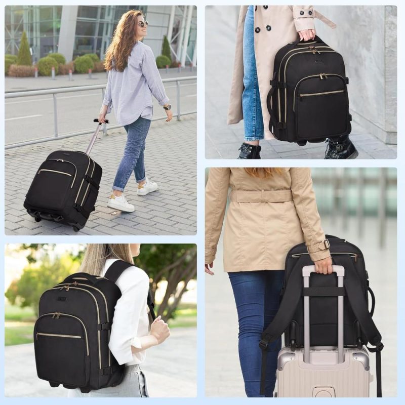 Laptop Backpacks | Devpnr Rolling Backpack For Women, 17Inch Laptop Travel Backpack With Wheels, Under Seat Carry On Luggage Airplane, Overnight Business Trolley Backpack Bag (Elegant Black) (In Patent) Backpacks Elegant Black