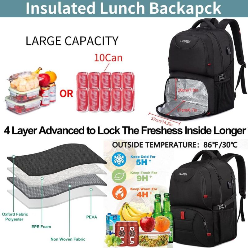 Laptop Backpacks | Extra Large Backpack For Men 50L, Insulated Cooler Lunch Box Backpack, Water Resistant 17Inch Travel Laptop Work Bookbag With Usb Charging Port,Black Backpacks Black