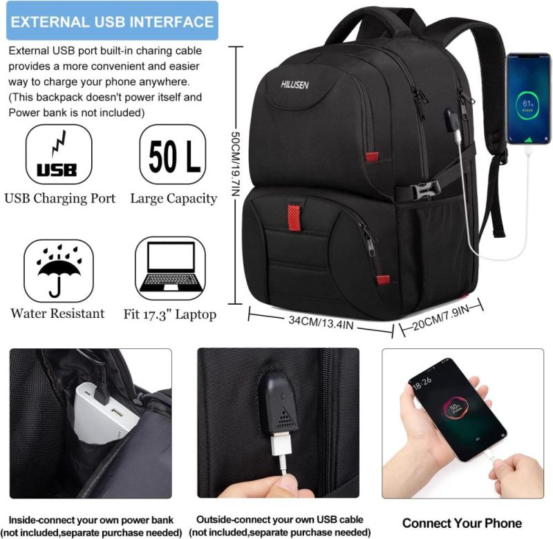 Laptop Backpacks | Extra Large Backpack For Men 50L, Insulated Cooler Lunch Box Backpack, Water Resistant 17Inch Travel Laptop Work Bookbag With Usb Charging Port,Black Backpacks Black