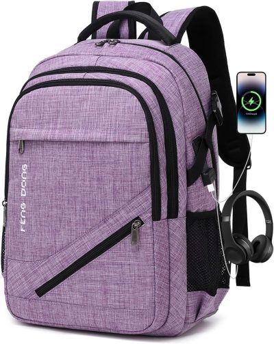 Laptop Backpacks | Fengdong Large Laptop Backpack 17.3 Inch Durable Waterproof Travel College Backpack Bookbag For Men & Women Business Backpack With Usb Charging Port And Headset Port Light Purple Backpacks A2-light Purple