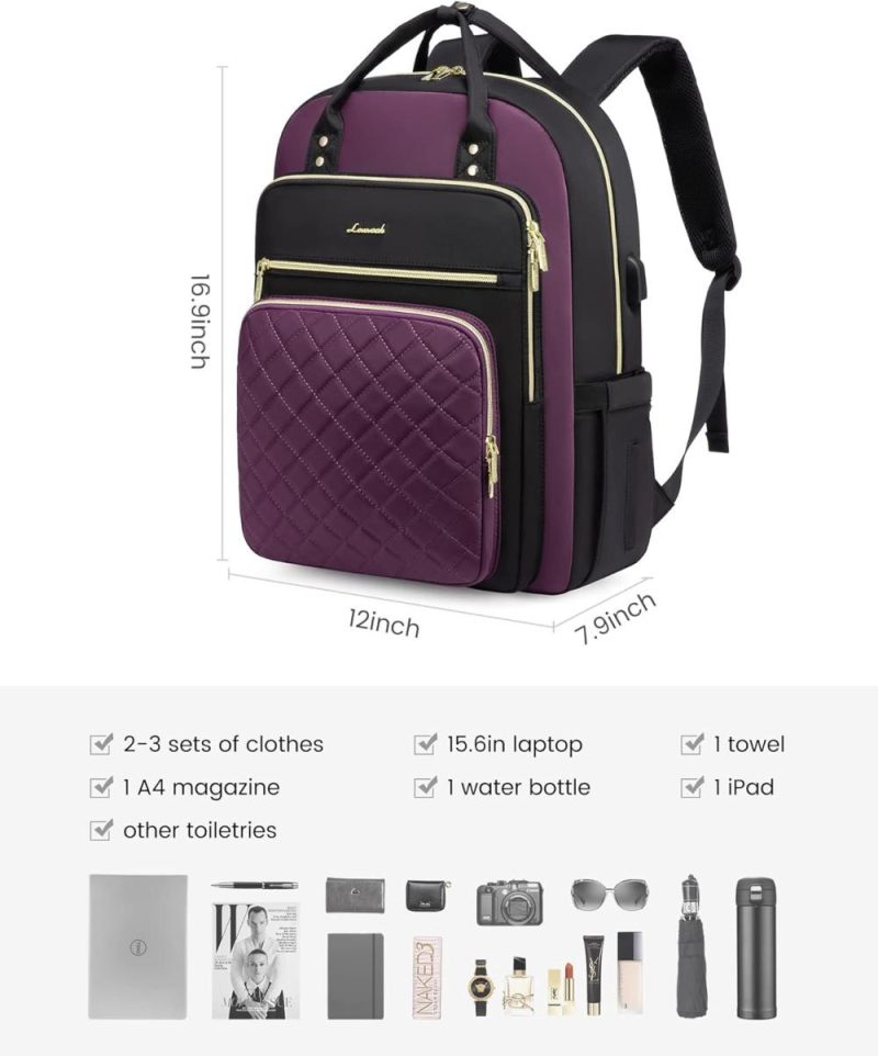 Laptop Backpacks | Laptop Backpack Purse For Women, 15.6" Laptop Bag For Travel With Usb Port, Water Resistant Lightweight Daypacks For College Work Business, Nurse Teacher Computer Bags, Purple Black Backpacks D-black-purple