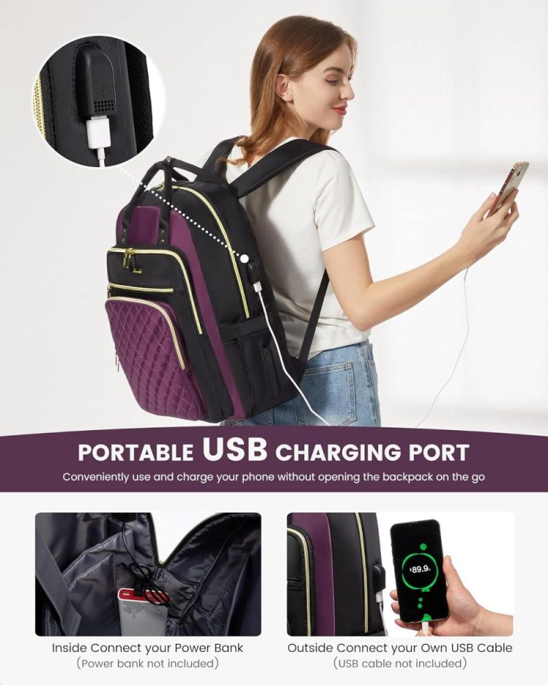 Laptop Backpacks | Laptop Backpack Purse For Women, 15.6" Laptop Bag For Travel With Usb Port, Water Resistant Lightweight Daypacks For College Work Business, Nurse Teacher Computer Bags, Purple Black Backpacks D-black-purple