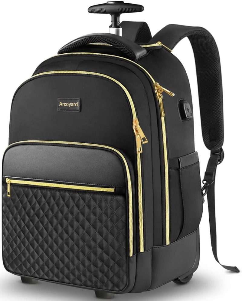 Laptop Backpacks | Rolling Backpack Carry On Luggage For Adults With Wheels, 40L Wheeled Backpack For Women, Travel Roller Backpack, Rolling Bag, Black Gold Backpacks Laptop Backpacks