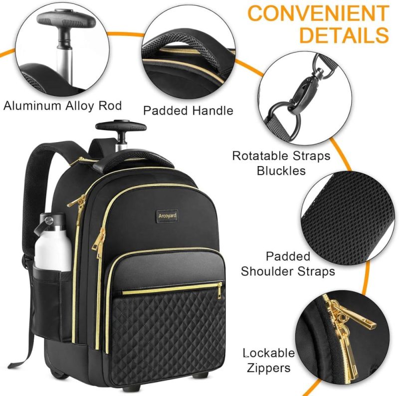 Laptop Backpacks | Rolling Backpack Carry On Luggage For Adults With Wheels, 40L Wheeled Backpack For Women, Travel Roller Backpack, Rolling Bag, Black Gold Backpacks Laptop Backpacks