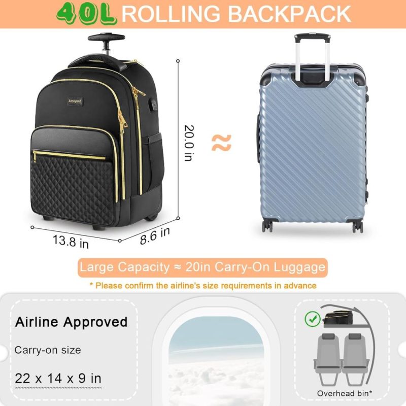 Laptop Backpacks | Rolling Backpack Carry On Luggage For Adults With Wheels, 40L Wheeled Backpack For Women, Travel Roller Backpack, Rolling Bag, Black Gold Backpacks Laptop Backpacks