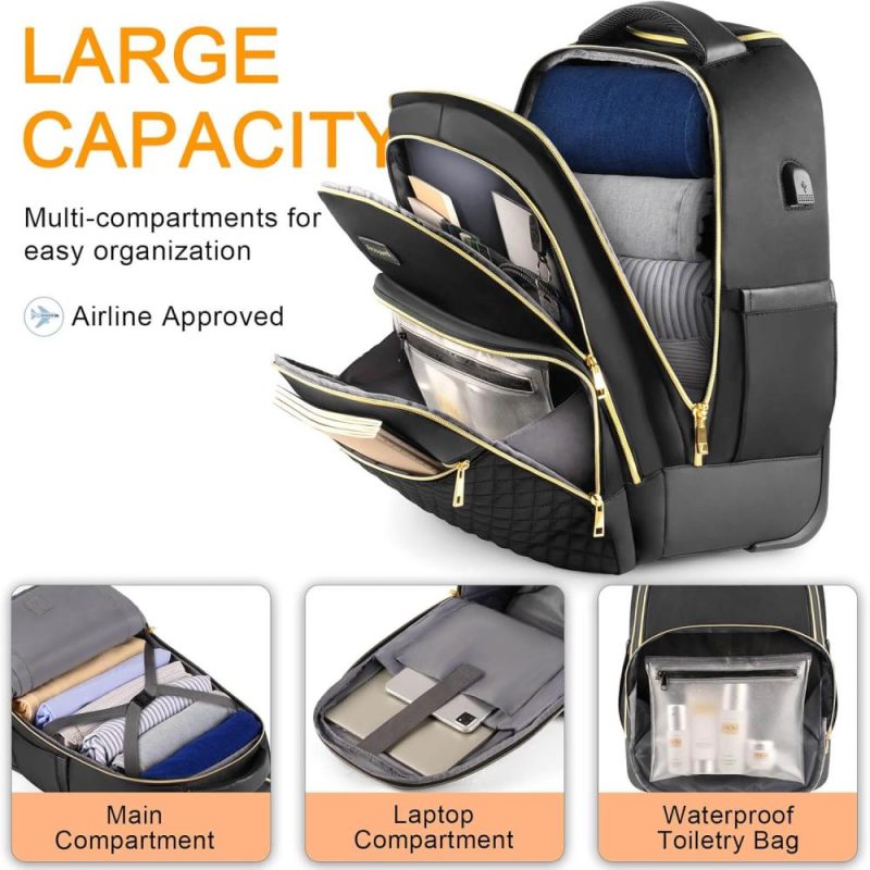 Laptop Backpacks | Rolling Backpack Carry On Luggage For Adults With Wheels, 40L Wheeled Backpack For Women, Travel Roller Backpack, Rolling Bag, Black Gold Backpacks Laptop Backpacks