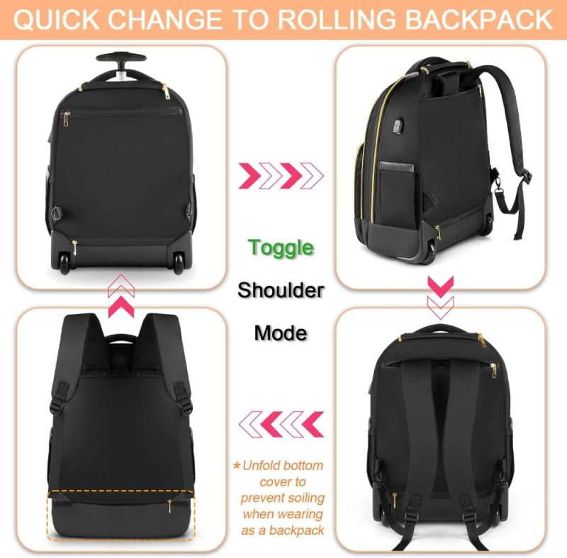 Laptop Backpacks | Rolling Backpack Carry On Luggage For Adults With Wheels, 40L Wheeled Backpack For Women, Travel Roller Backpack, Rolling Bag, Black Gold Backpacks Laptop Backpacks