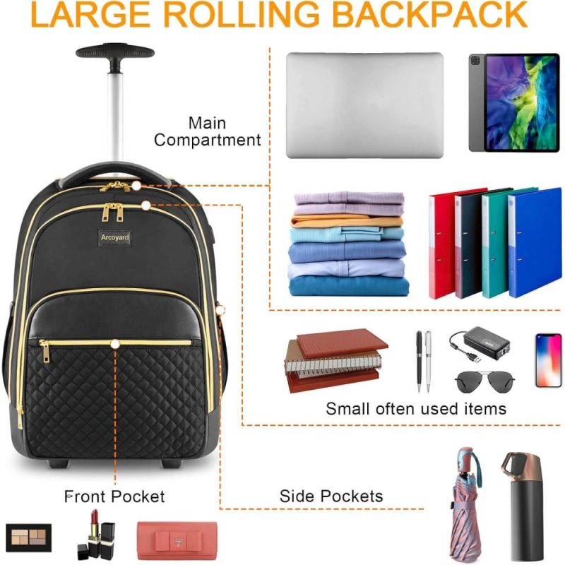 Laptop Backpacks | Rolling Backpack Carry On Luggage For Adults With Wheels, 40L Wheeled Backpack For Women, Travel Roller Backpack, Rolling Bag, Black Gold Backpacks Laptop Backpacks