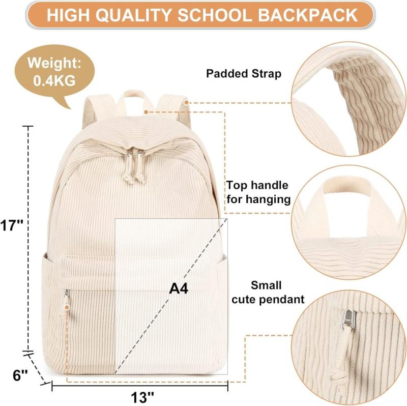 Laptop Backpacks | School Backpack For Teens Large Corduroy Bookbag Lightweight 17 Inch Laptop Bag For Girls Women Casual High School College (Corduroy-Beige) Backpacks Beige