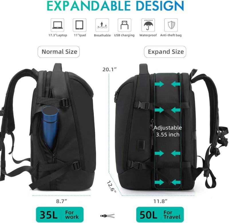 Laptop Backpacks | Travel Carry On Backpack 50L Expandable Flight Approved Backpacks 17.3 Inch Laptop And Usb Charging Port Bags Water Resistant Business Back Pack For Women & Men Backpacks Black