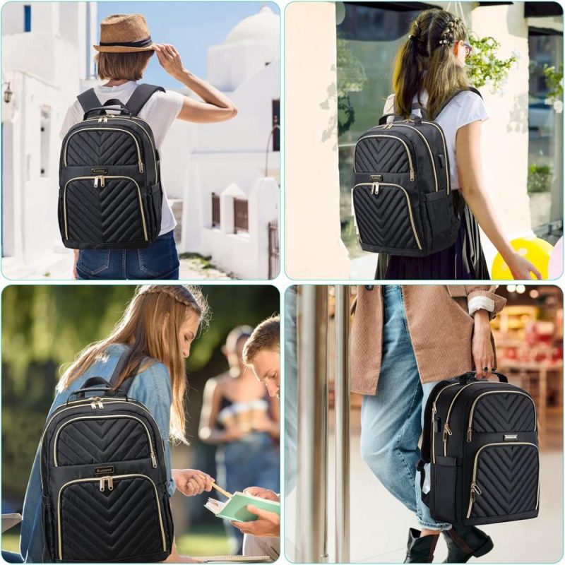 Laptop Backpacks | Travel Laptop/School Backpack For Teens, 15.6 Inch Quilted Work Backpack Purse With Usb Charging Port, Large Anti-Theft Bookbags For Student Teacher, Casual Daypacks For Women Men,Black Backpacks Black