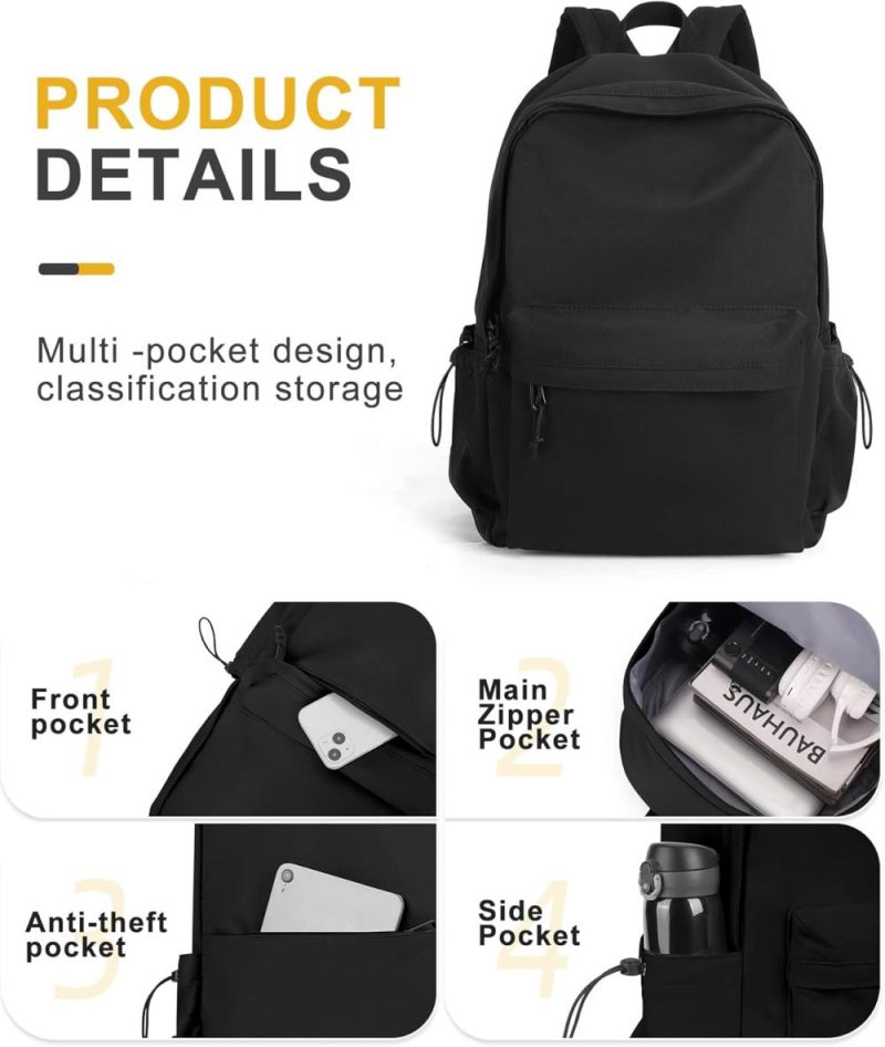 Laptop Backpacks | Vecave School Backpack Black Waterproof Bookbag Casual Lightweight Travel Rucksack Daypack Backpacks For Men Women College High School Bags Backpack For Boys Girls Teens Backpacks A-black