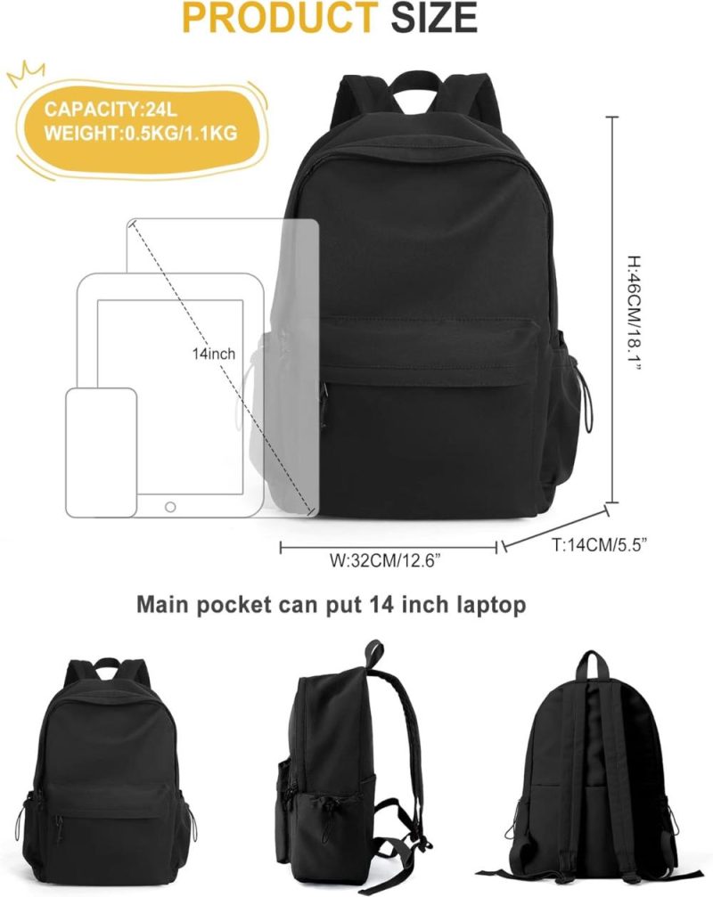 Laptop Backpacks | Vecave School Backpack Black Waterproof Bookbag Casual Lightweight Travel Rucksack Daypack Backpacks For Men Women College High School Bags Backpack For Boys Girls Teens Backpacks A-black