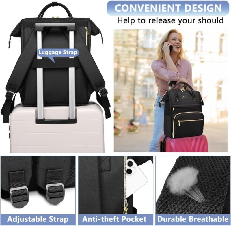 Laptop Backpacks | Women Laptop Backpack Work Bag – Fits 15.6 Inch With Laptop Compartment Waterproof Professional Fashion Travel Purse For College Nurse Business Computer Backpack Backpacks 01-black