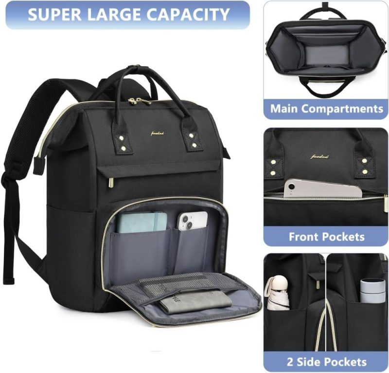 Laptop Backpacks | Women Laptop Backpack Work Bag – Fits 15.6 Inch With Laptop Compartment Waterproof Professional Fashion Travel Purse For College Nurse Business Computer Backpack Backpacks 01-black