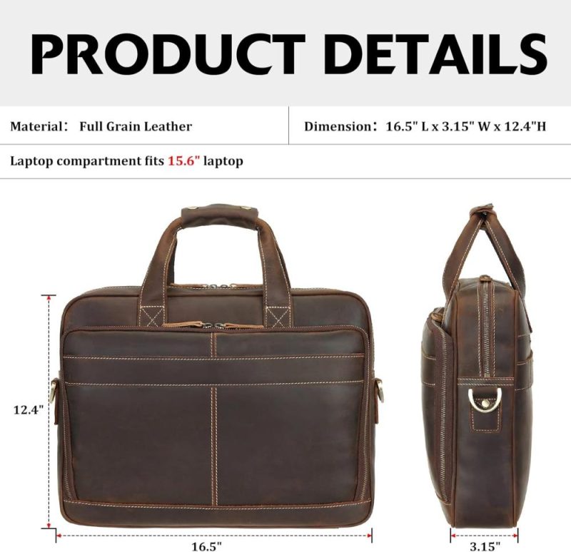 Laptop Briefcases | Polare Full Grain Leather 16.5” Laptop Bag Briefcase For Men Business Messenger Work Bag Fits 15.6” Laptop Laptop Bags Dark Brown