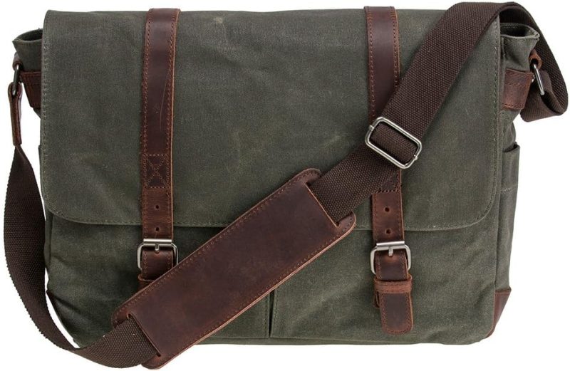 Laptop Messenger & Shoulder Bags | Vintage Genuine Leather Waxed Canvas Briefcase Large Satchel Shoulder Bag Rugged Computer 15.6" Laptop Bag Laptop Bags Army Green