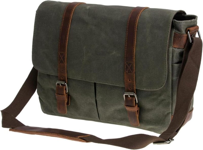 Laptop Messenger & Shoulder Bags | Vintage Genuine Leather Waxed Canvas Briefcase Large Satchel Shoulder Bag Rugged Computer 15.6" Laptop Bag Laptop Bags Army Green