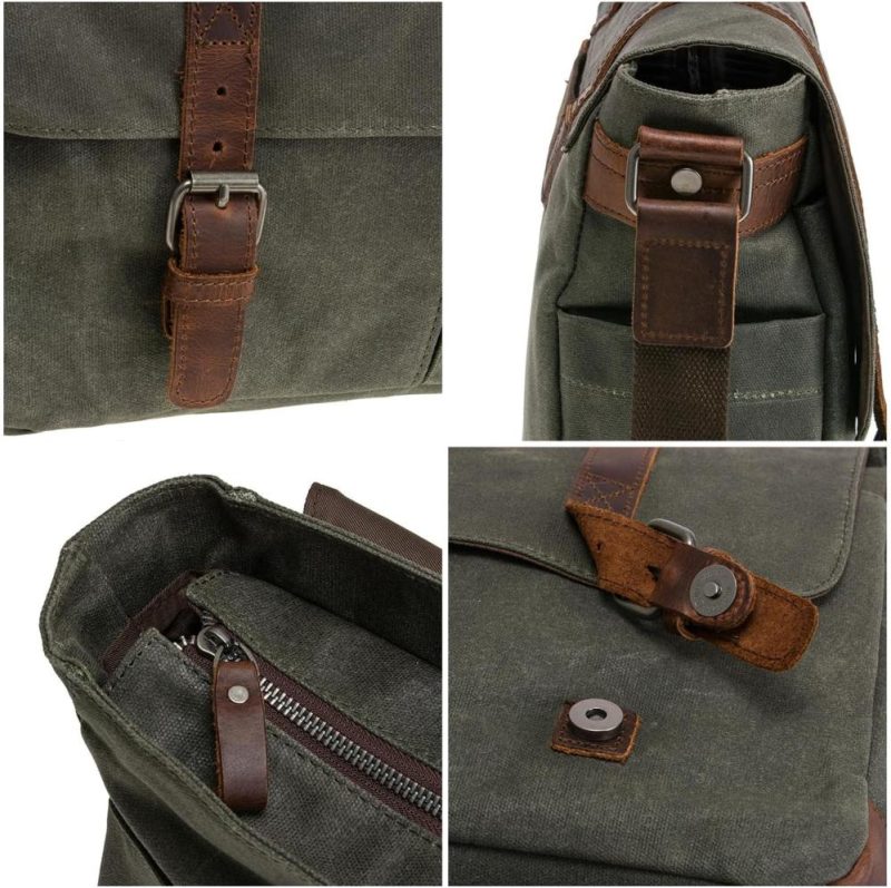 Laptop Messenger & Shoulder Bags | Vintage Genuine Leather Waxed Canvas Briefcase Large Satchel Shoulder Bag Rugged Computer 15.6" Laptop Bag Laptop Bags Army Green