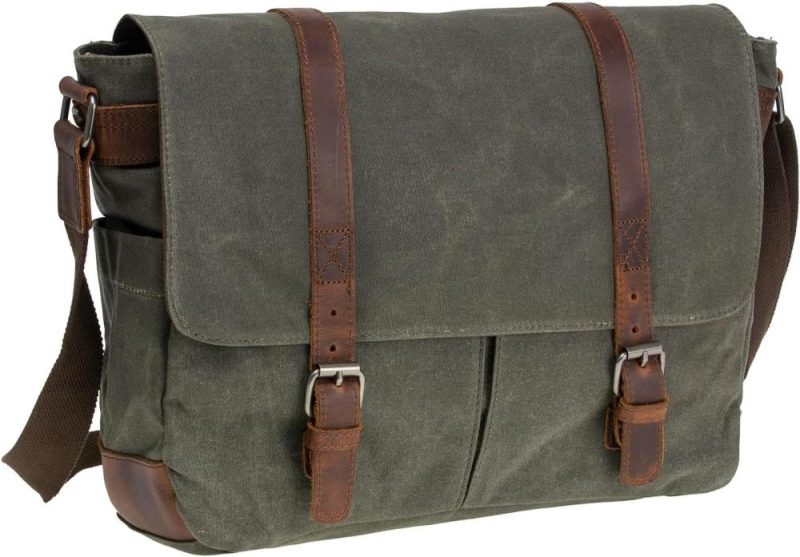 Laptop Messenger & Shoulder Bags | Vintage Genuine Leather Waxed Canvas Briefcase Large Satchel Shoulder Bag Rugged Computer 15.6" Laptop Bag Laptop Bags Army Green