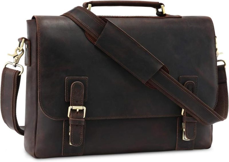 Laptop Messenger & Shoulder Bags | Men’s Leather Satchel Briefcase, 15.6" Laptop Messenger Shoulder Bag Tote Laptop Bags Deep Coffee