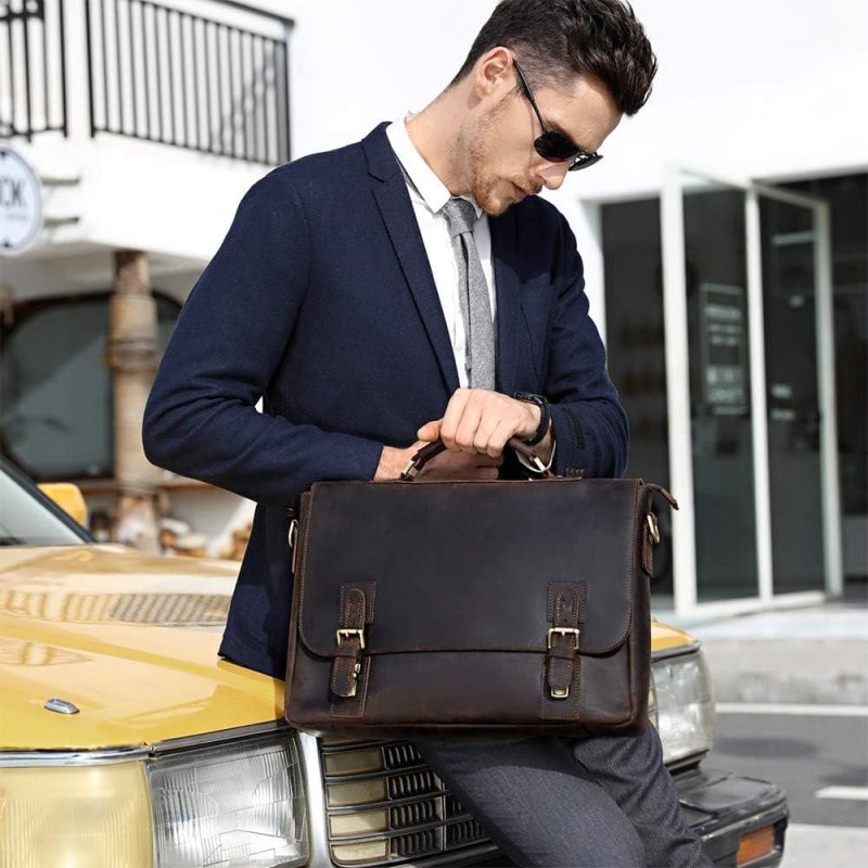 Laptop Messenger & Shoulder Bags | Men’s Leather Satchel Briefcase, 15.6" Laptop Messenger Shoulder Bag Tote Laptop Bags Deep Coffee