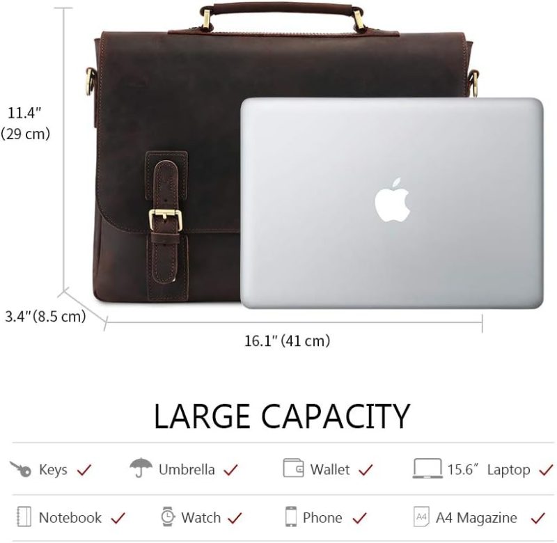 Laptop Messenger & Shoulder Bags | Men’s Leather Satchel Briefcase, 15.6" Laptop Messenger Shoulder Bag Tote Laptop Bags Deep Coffee