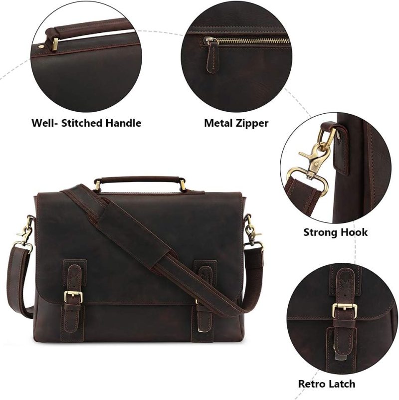 Laptop Messenger & Shoulder Bags | Men’s Leather Satchel Briefcase, 15.6" Laptop Messenger Shoulder Bag Tote Laptop Bags Deep Coffee