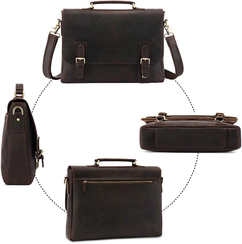 Laptop Messenger & Shoulder Bags | Men’s Leather Satchel Briefcase, 15.6" Laptop Messenger Shoulder Bag Tote Laptop Bags Deep Coffee