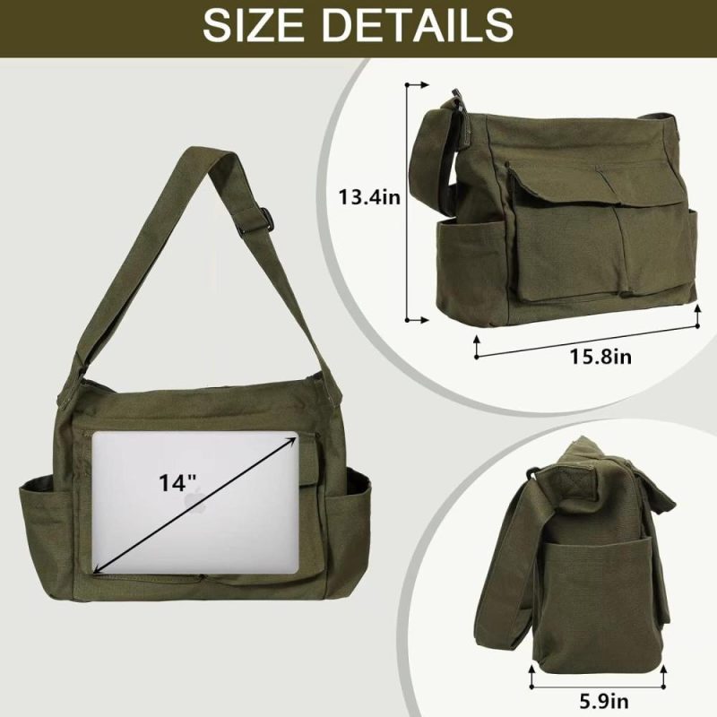 Laptop Messenger & Shoulder Bags | Canvas Messenger Bag Large Hobo Crossbody Bags With Multiple Pockets,School Vintage Shoulder Laptop Bag For Women And Men Laptop Bags Army Green