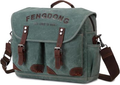 Laptop Messenger & Shoulder Bags | Fengdong Messenger Bag Men 15.6 Inch Vintage Waxed Canvas Genuine Leather Briefcase Computer Laptop Bag Satchel Shoulder Bag Laptop Bags Army Green