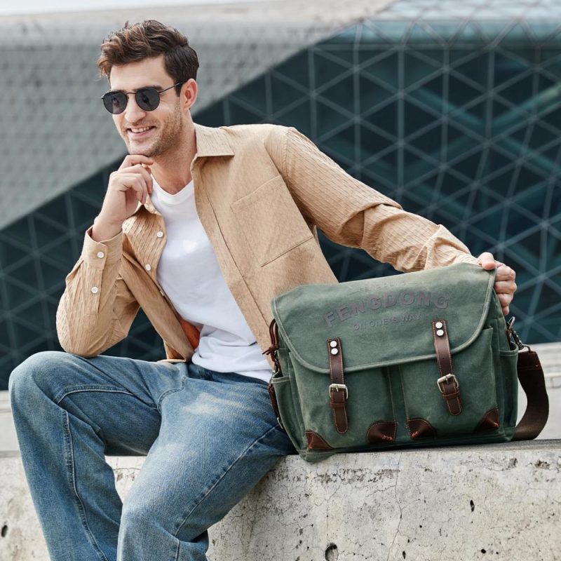 Laptop Messenger & Shoulder Bags | Fengdong Messenger Bag Men 15.6 Inch Vintage Waxed Canvas Genuine Leather Briefcase Computer Laptop Bag Satchel Shoulder Bag Laptop Bags Army Green