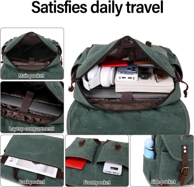 Laptop Messenger & Shoulder Bags | Fengdong Messenger Bag Men 15.6 Inch Vintage Waxed Canvas Genuine Leather Briefcase Computer Laptop Bag Satchel Shoulder Bag Laptop Bags Army Green