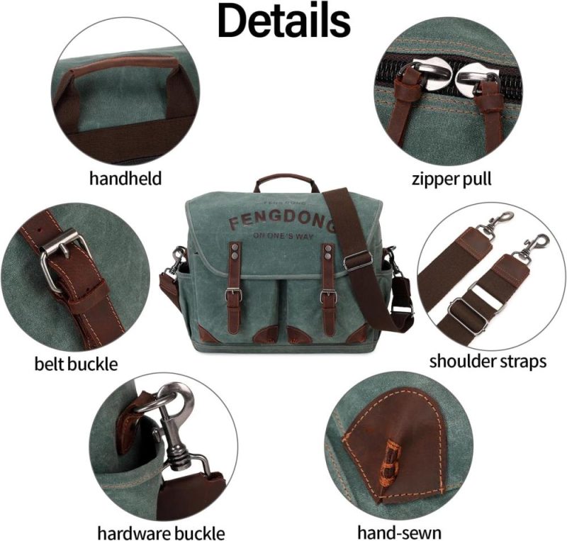 Laptop Messenger & Shoulder Bags | Fengdong Messenger Bag Men 15.6 Inch Vintage Waxed Canvas Genuine Leather Briefcase Computer Laptop Bag Satchel Shoulder Bag Laptop Bags Army Green