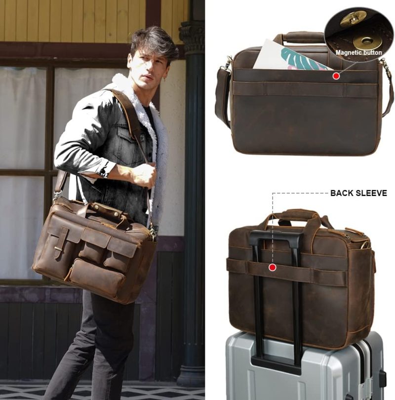 Laptop Messenger & Shoulder Bags | Full Grain Leather Briefcase For Men 17 Inch Laptop Case Business Travel Office Messenger Shoulder Bag Laptop Bags Dark Brown