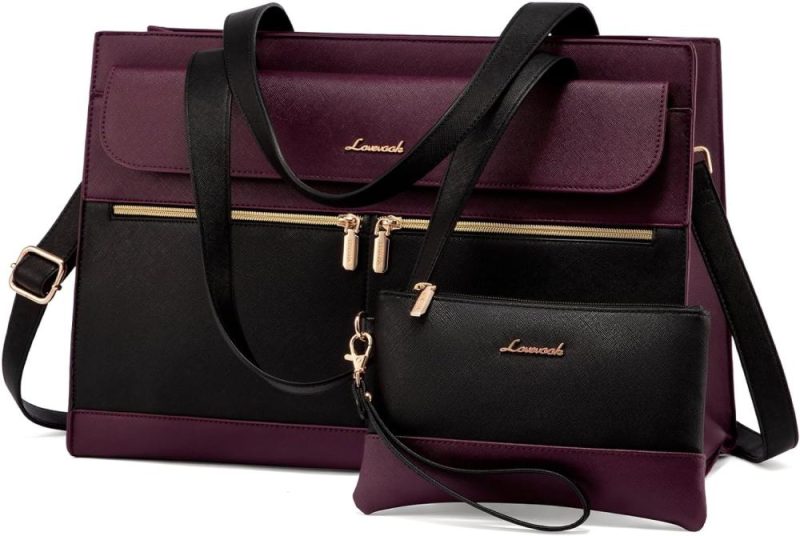 Laptop Messenger & Shoulder Bags | Laptop Bag For Women 15.6 Inch Laptop Tote Work Bag Professional Leather Computer Briefcase Waterproof Business Teacher Office Bag Handbag Laptop Bags Black/Purple-1