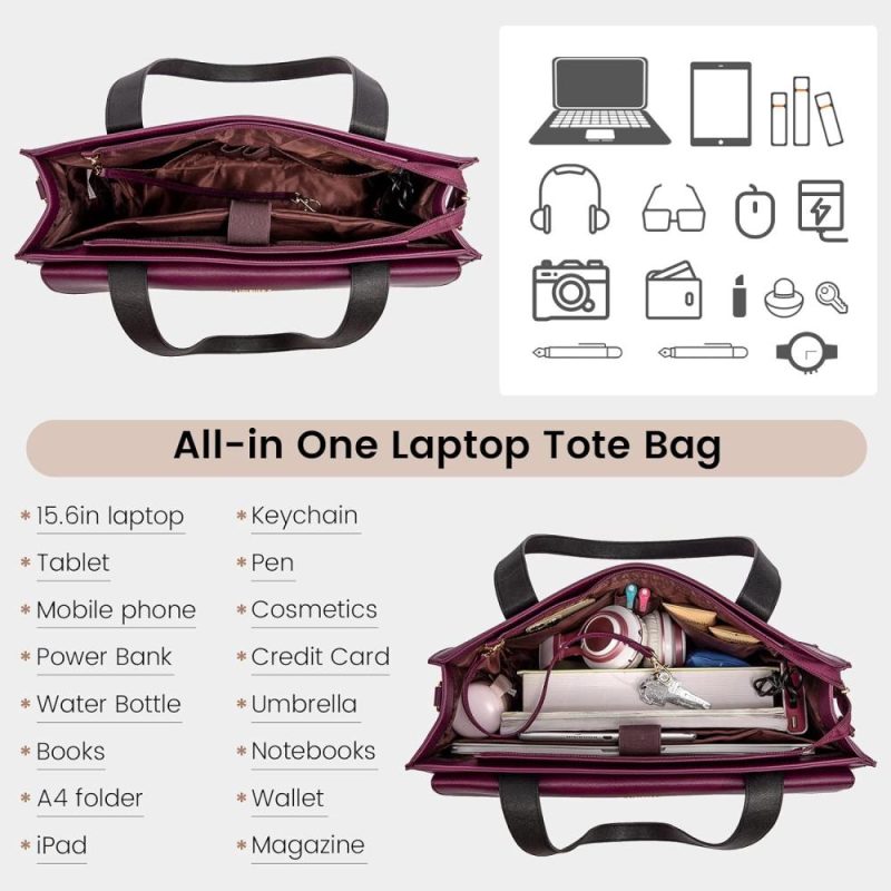 Laptop Messenger & Shoulder Bags | Laptop Bag For Women 15.6 Inch Laptop Tote Work Bag Professional Leather Computer Briefcase Waterproof Business Teacher Office Bag Handbag Laptop Bags Black/Purple-1