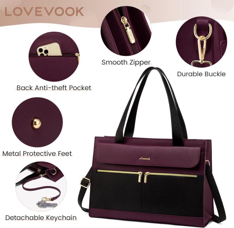 Laptop Messenger & Shoulder Bags | Laptop Bag For Women 15.6 Inch Laptop Tote Work Bag Professional Leather Computer Briefcase Waterproof Business Teacher Office Bag Handbag Laptop Bags Black/Purple-1