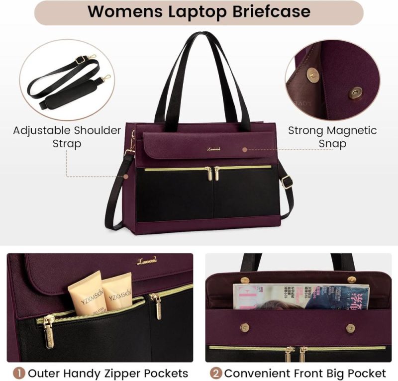 Laptop Messenger & Shoulder Bags | Laptop Bag For Women 15.6 Inch Laptop Tote Work Bag Professional Leather Computer Briefcase Waterproof Business Teacher Office Bag Handbag Laptop Bags Black/Purple-1