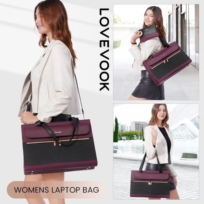 Laptop Messenger & Shoulder Bags | Laptop Bag For Women 15.6 Inch Laptop Tote Work Bag Professional Leather Computer Briefcase Waterproof Business Teacher Office Bag Handbag Laptop Bags Black/Purple-1