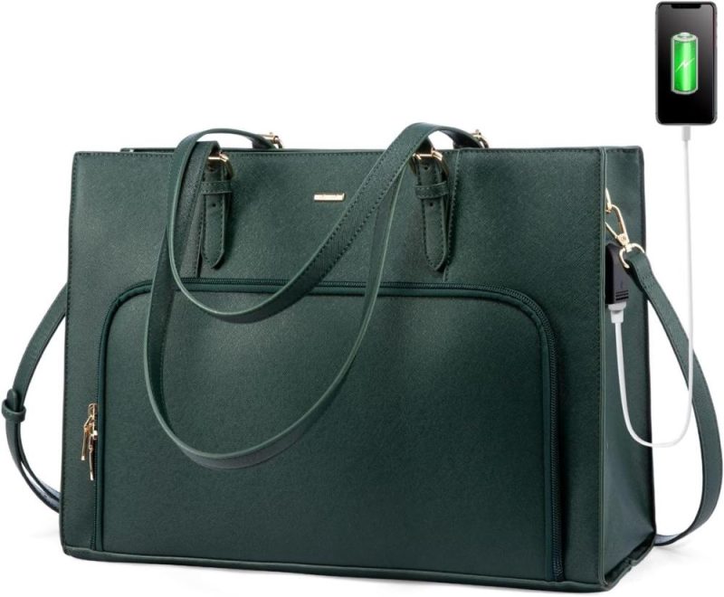 Laptop Messenger & Shoulder Bags | Laptop Bag For Women 15.6 Inch Waterproof Work Tote Bag Briefcase With Usb Charging Port Pu Leather Computer Handbag Shoulder Bag Large Professional Teacher Bag For Travel Business School Laptop Bags Green